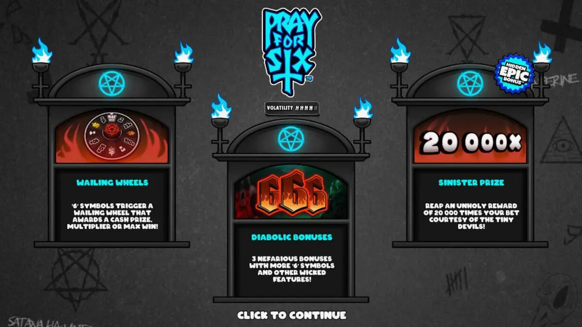 Pray for Six slot game interface na may monochrome na disenyo at cartoon hell theme.